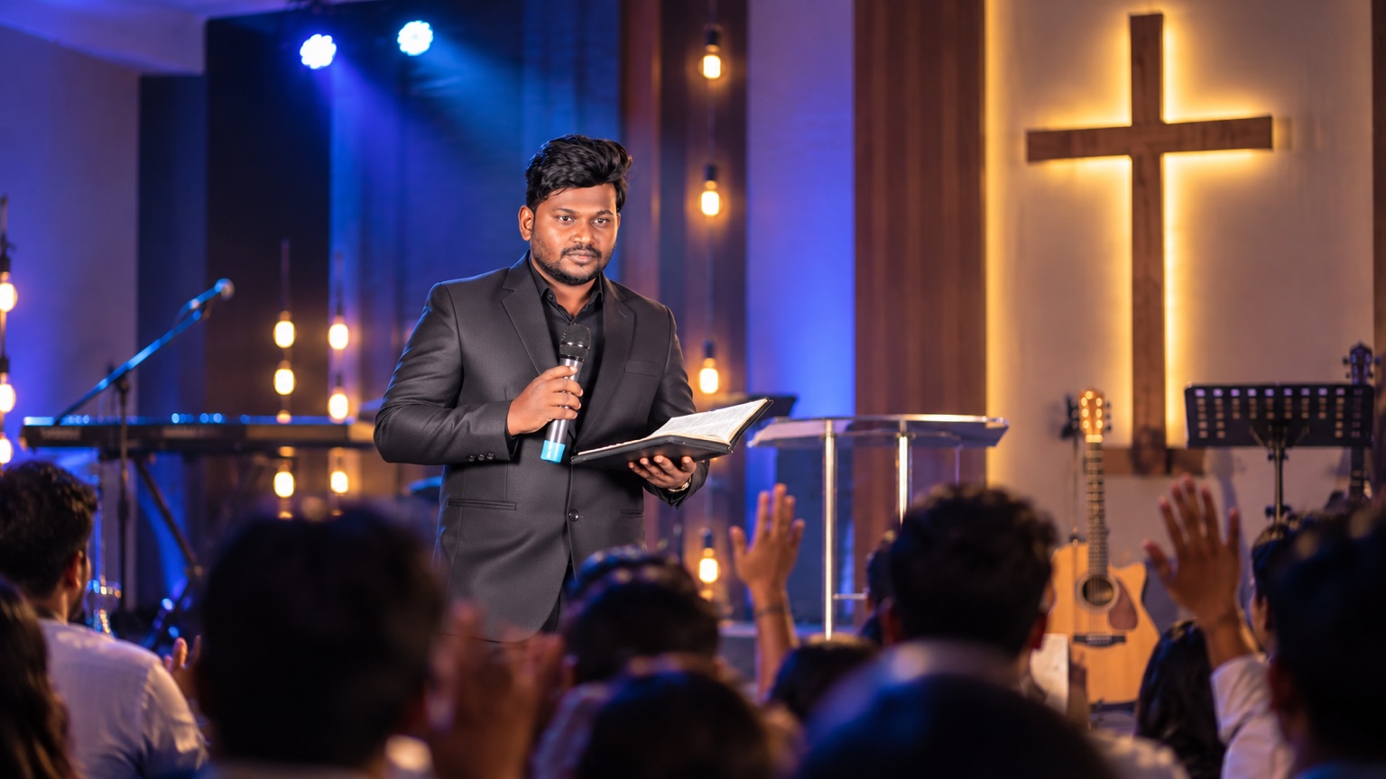 Pastor Vipin James holding an open Bible while preaching before the congregation at Christ Alive Church.